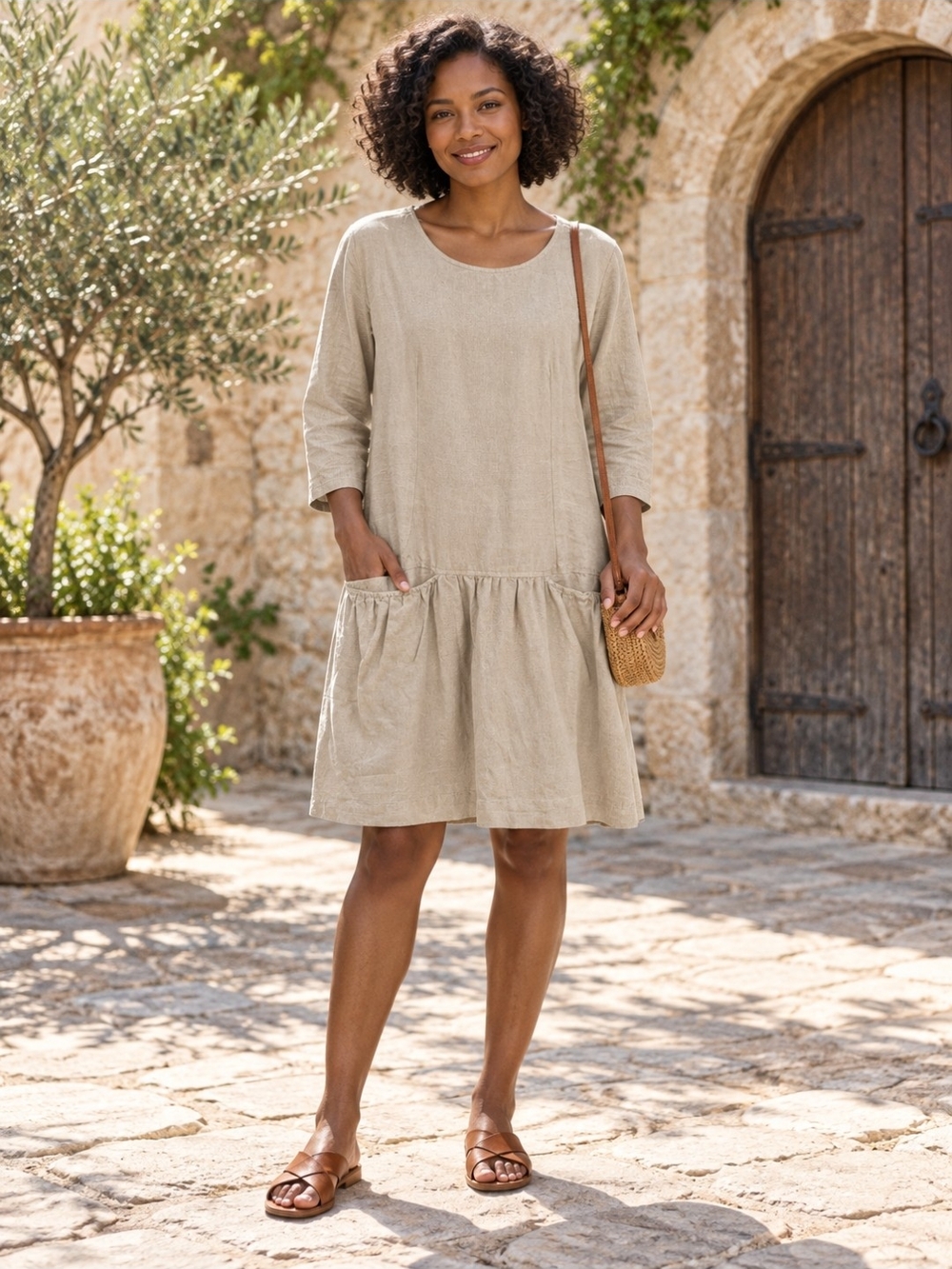 Linen-Blend Scoop Neck Drop-Waist Dress in Light Beige | S